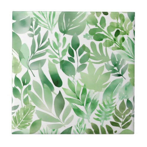 Sage Green Watercolor Leaves Ceramic Tile