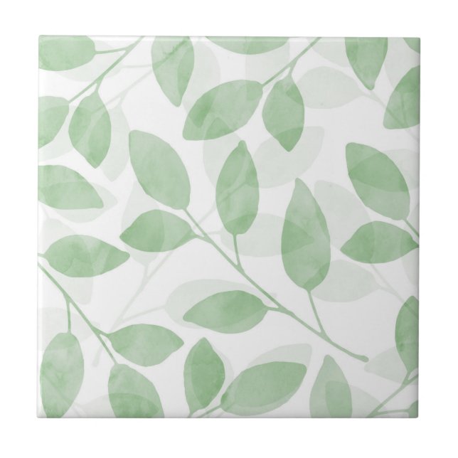 Sage Green Watercolor Leaves Ceramic Tile (Front)