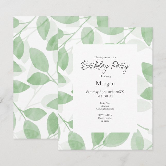 Sage Green Watercolor Leaves   Invitation (Front/Back)