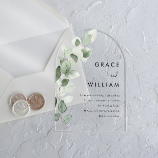 Sage Green Watercolor Leaves Modern Wedding Acrylic Invitations