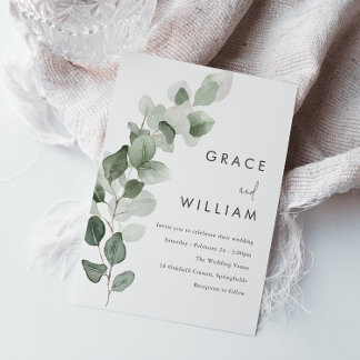 Sage Green Watercolor Leaves Modern Wedding Invitation