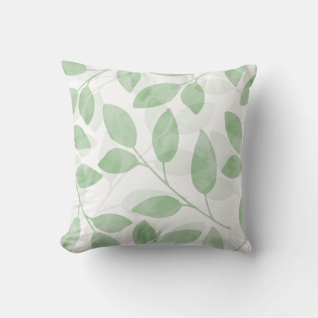 Sage Green Watercolor Leaves Throw Pillow (Front)