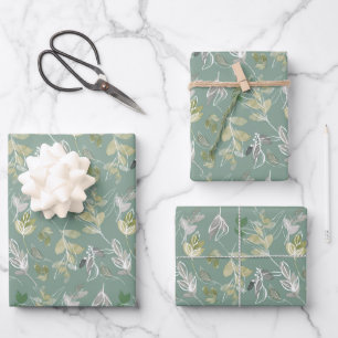 Sage Green Watercolor Leaves Wrapping Paper Sheets