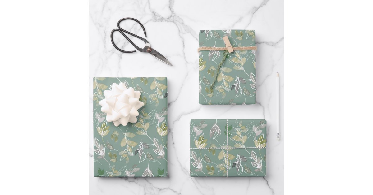 Sage Green Watercolor Leaves Wrapping Paper Sheets | Zazzle