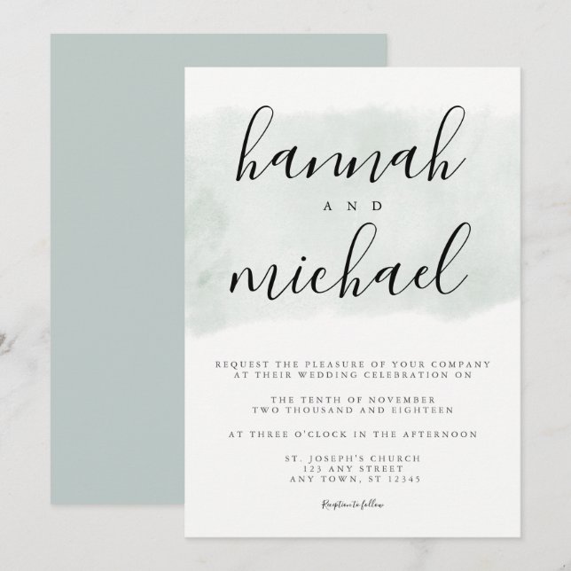 Sage Green Watercolor Modern Simple Wedding Invitation (Front/Back)
