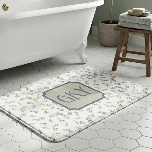 Sage Green Watercolor Monogram Chic Olive Pattern Bath Mat (Creator Uploaded)
