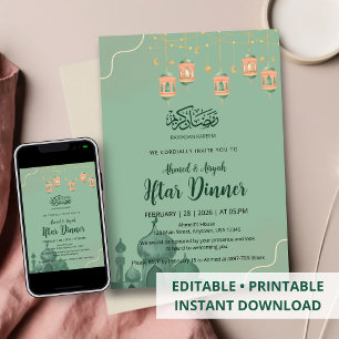 Sage Green Watercolor Mosque Iftar Dinner Invitation