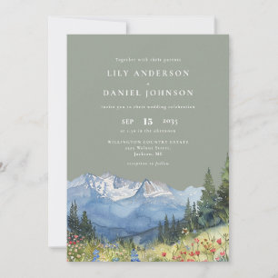 Sage Green Watercolor Mountain QR Code Wedding Invitation