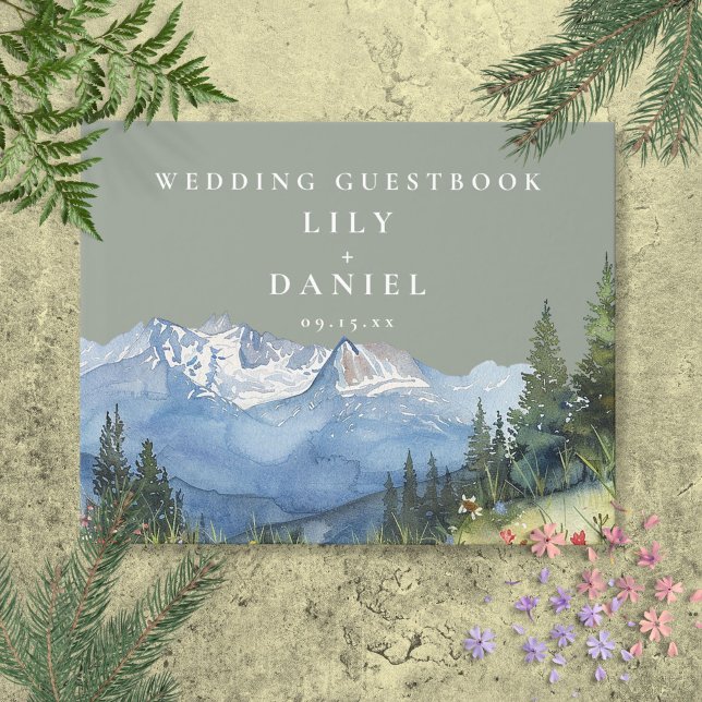 Sage Green Watercolor Mountain Wedding Photo Guest Book (Sage Green Watercolor Mountain Wedding Photo Guest Guest Book)