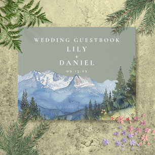 Sage Green Watercolor Mountain Wedding Photo Guest Guest Book