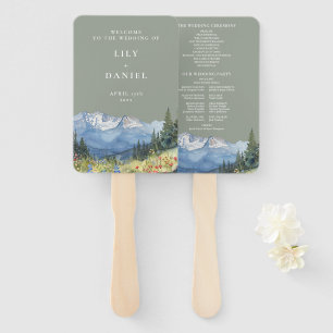 Sage Green Watercolor Mountain Wedding Program Hand Fan