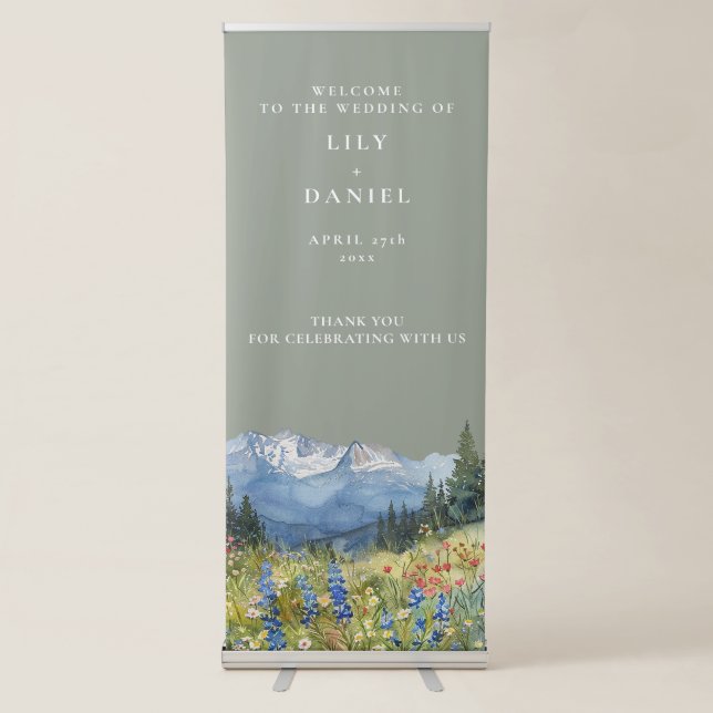 Sage Green Watercolor Mountain Wedding Welcome Retractable Banner (Front)