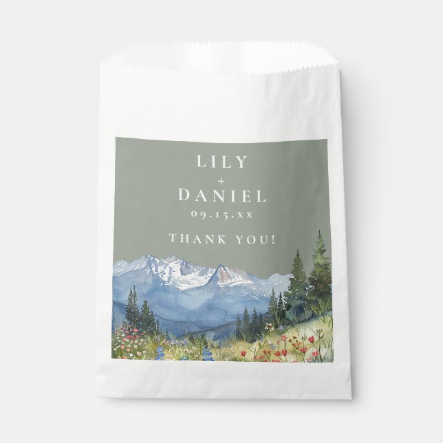 Sage Green Watercolor Mountain Wildflower Wedding Favor Bag (Front)