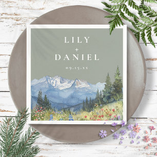 Sage Green Watercolor Mountain Wildflower Wedding Napkins
