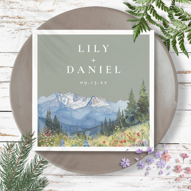 Sage Green Watercolor Mountain Wildflower Wedding Napkins (Sage Green Watercolor Mountain Wildflower Wedding Napkins)