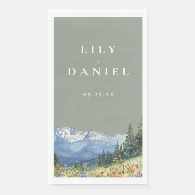 Sage Green Watercolor Mountain Wildflower Wedding Paper Guest Towels (Front)