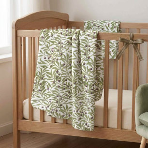 Sage Green Watercolor Olive Leaf Botanical Pattern Baby Blanket