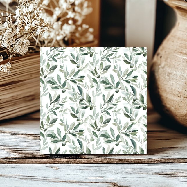 Sage Green Watercolor Olive Pattern Ceramic Tile (Creator Uploaded)