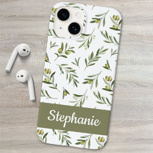 Sage Green Watercolor Olives Name Case-Mate iPhone 14 Case