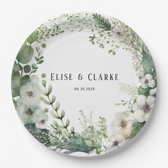 Sage Green Watercolor Peony Wedding  Paper Plates (Front)