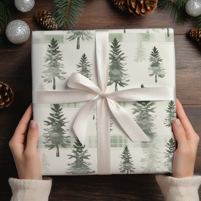 Sage Green Watercolor Pine Trees & Plaid Christmas Wrapping Paper (Creator Uploaded)
