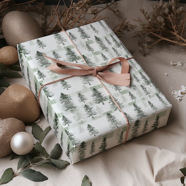 Sage Green Watercolor Pine Trees Wrapping Paper |  (Creator Uploaded)