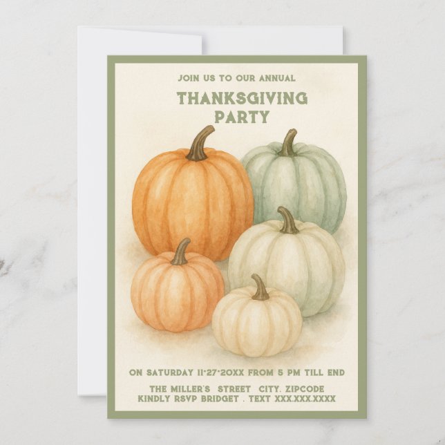 sage green watercolor pumpkin thanksgiving party (Front)