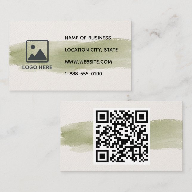 Sage Green Watercolor QR Code Business Card (Front/Back)