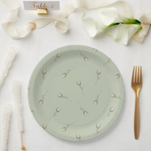 Sage Green Watercolor Rose Bud Paper Plates