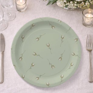 Sage Green Watercolor Rose Bud Paper Plates