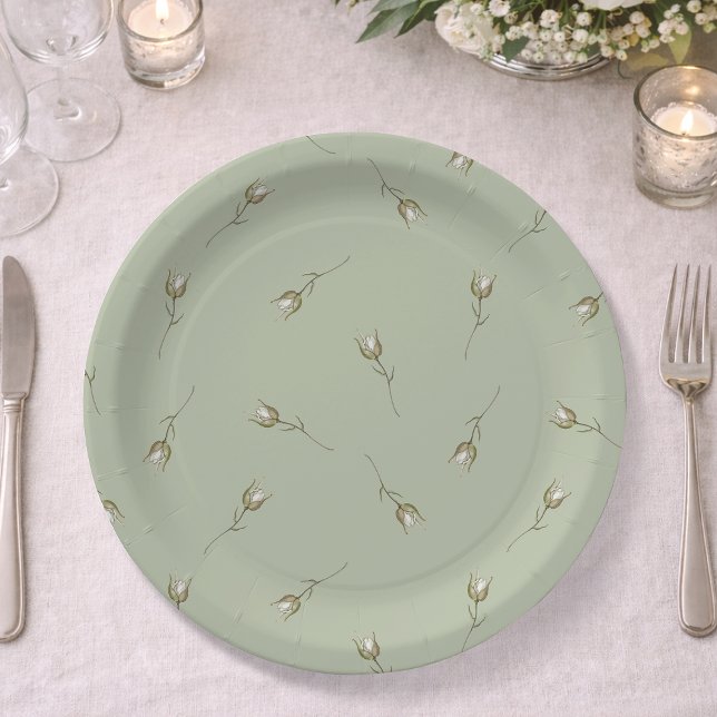 Sage Green Watercolor Rose Bud Paper Plates (Creator Uploaded)