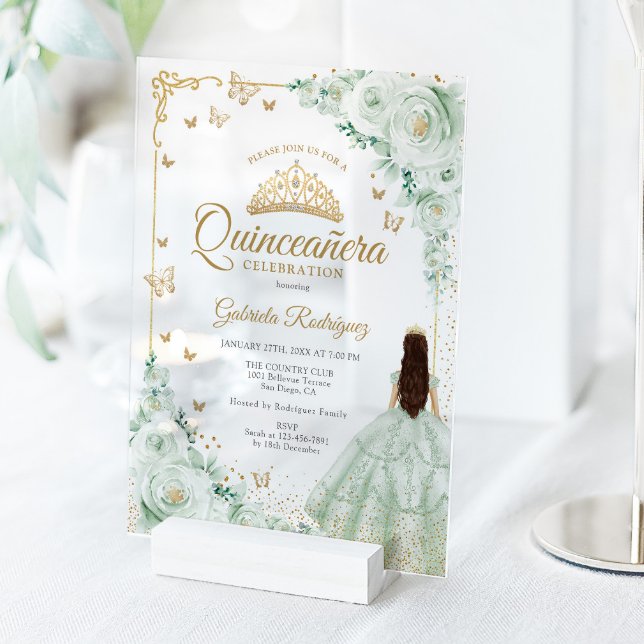 Sage Green Watercolor Roses Gold Quinceanera Acrylic Invitations (Creator Uploaded)