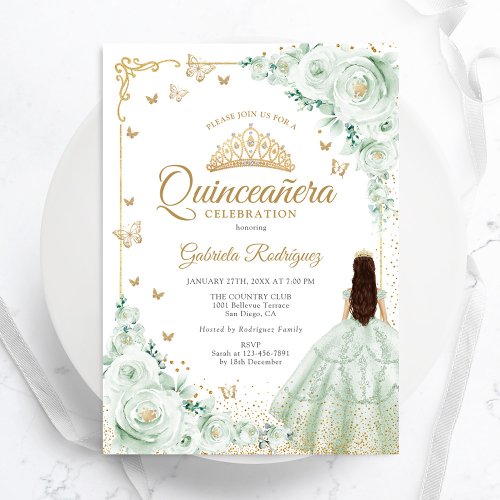 Sage Green Watercolor Roses Gold Quinceanera Invitation
