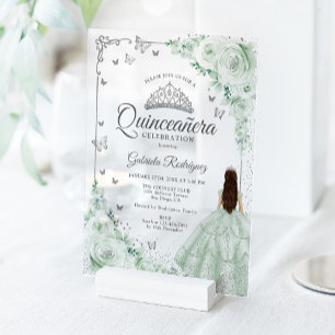 Sage Green Watercolor Roses Silver Quinceanera Acrylic Invitations