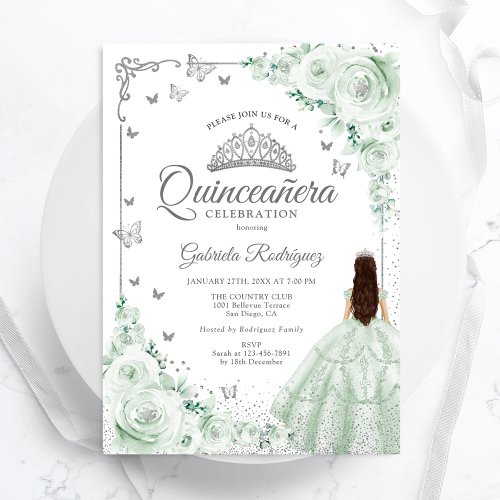 Sage Green Watercolor Roses Silver Quinceanera Invitation