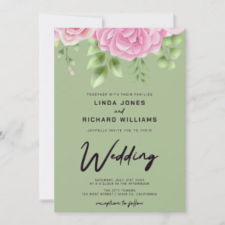 Sage Green Watercolor Roses Wedding Invitation