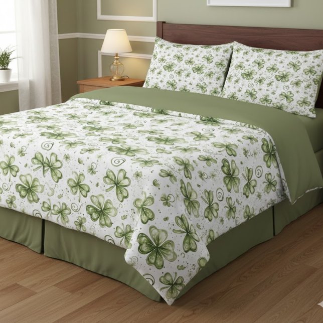 Sage Green Watercolor Shamrocks Clovers Pattern Duvet Cover (Creator Uploaded)