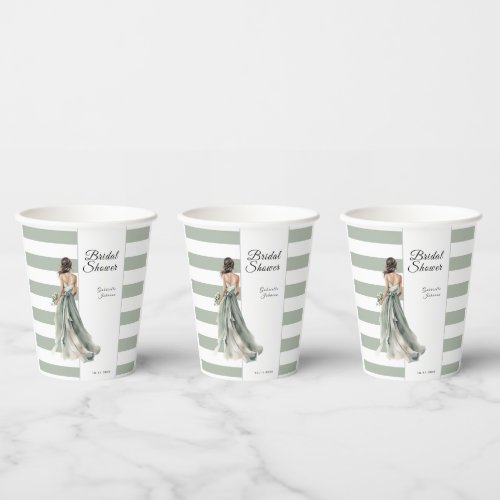 Sage green watercolor stripes boho bridal shower  paper cups