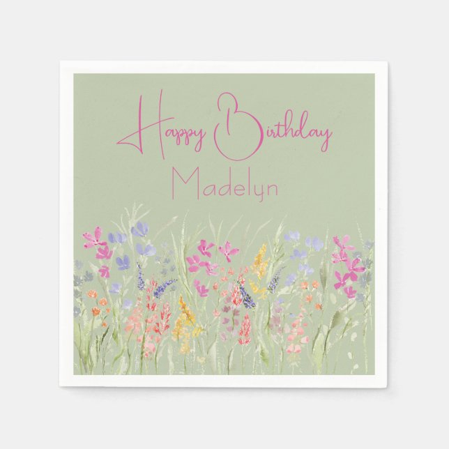 Sage Green Watercolor Wildflower Birthday  Napkins (Front)