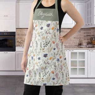 Sage Green Watercolor Wildflower Custom Name Apron