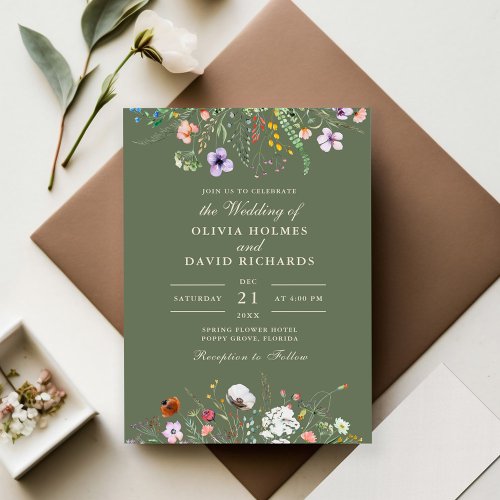 Sage Green Watercolor Wildflower Meadow Wedding Invitation