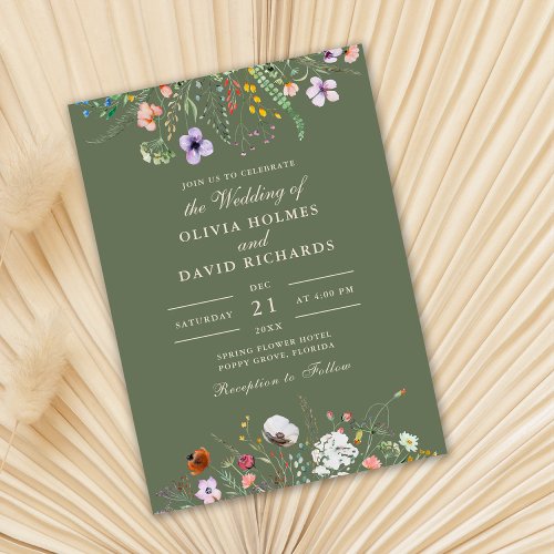 Sage Green Watercolor Wildflower Meadow Wedding Invitation