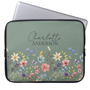 Sage Green Watercolor Wildflower Name Monogram Laptop Sleeve
