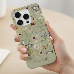 Sage Green Watercolor Wildflowers Pattern Name iPhone 15 Pro Case