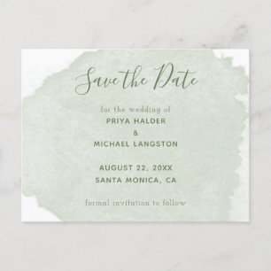 Sage Green Watercolour Splash Save The Date Announcement Postcard
