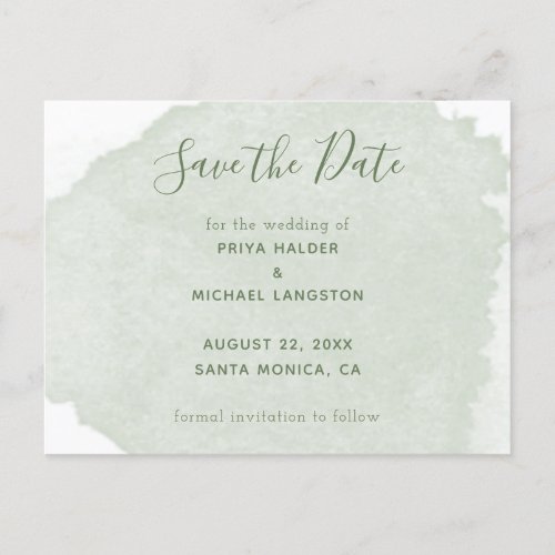 Sage Green Watercolour Splash Save The Date Announcement Postcard