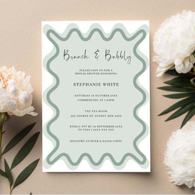 Sage Green Wavy Border Brunch and Bubbly Invitation (Creator Uploaded)