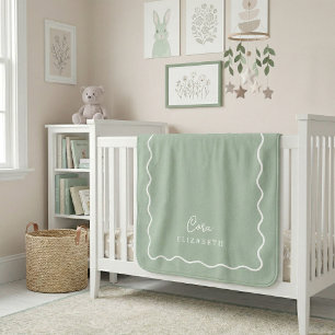 Sage Green Wavy Border Monogrammed Baby Blanket