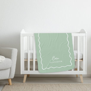 Sage Green Wavy Border Monogrammed Baby Blanket