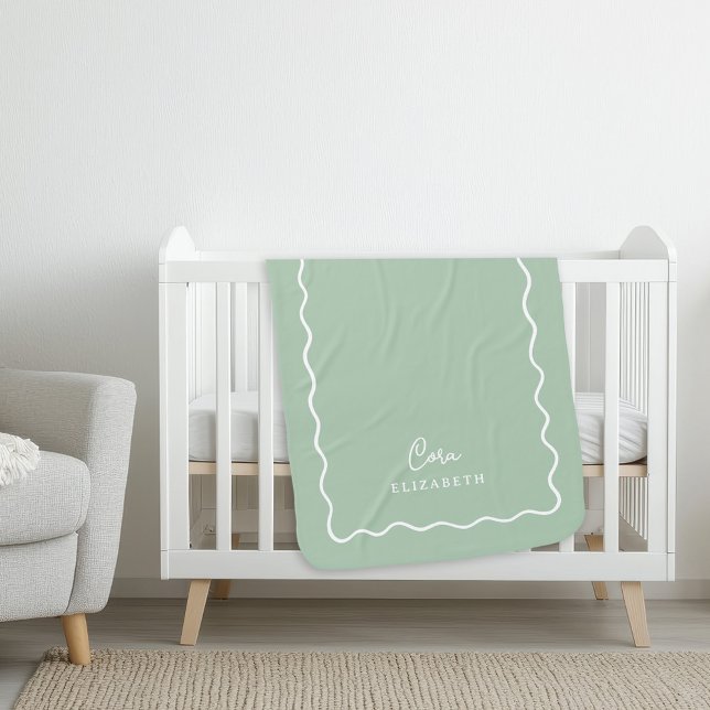 Sage Green Wavy Border Monogrammed Baby Blanket (Creator Uploaded)